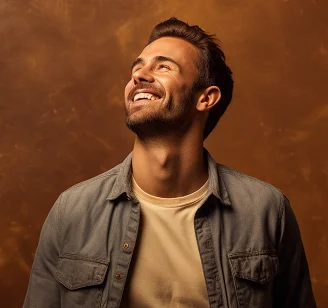 Homem feliz de pé em fundo castanho